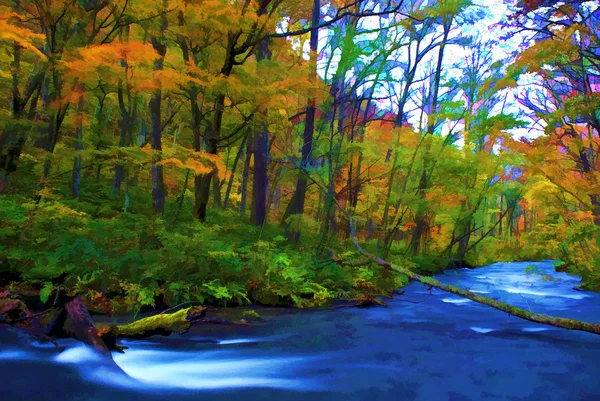 Χρώμα το φθινόπωρο του oirase ποταμού, Ιαπωνία (Ζωγραφική στυλ) — Φωτογραφία Αρχείου