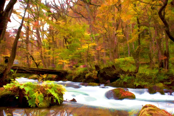 Colore di autunno del fiume di Oirase, Giappone (stile di pittura ) — Foto Stock