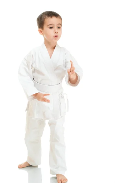 Aikido boy fighting position in white kimono — Stock Photo, Image
