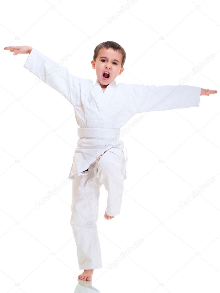 Kung fu boy fighting position of crane in white kimono