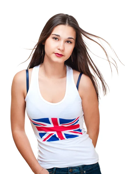 Potrait van Aziatisch meisje wih Groot-Brittannië vlag op de top van de tank — Stockfoto