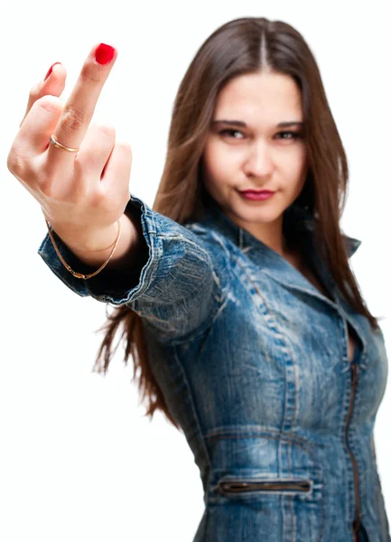 Young asian girl showing middle finger — Stock Photo, Image