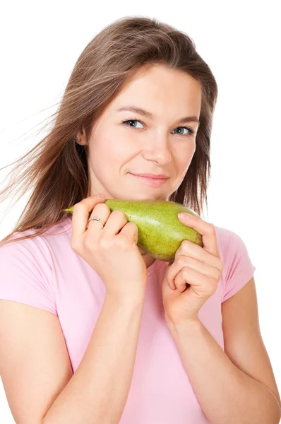Giovane donna felice che tiene pera — Foto Stock