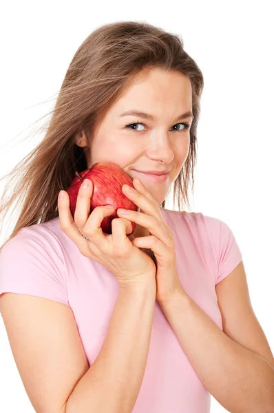 Jovem mulher feliz segurando maçã — Fotografia de Stock