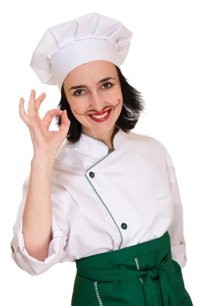 Hermosa mujer en uniforme de chef con signo de ok — Foto de Stock