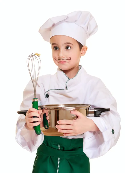 与厨房用具惊讶的小厨师 — 图库照片