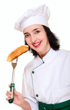 güzel kadını tost ile üniforma şef