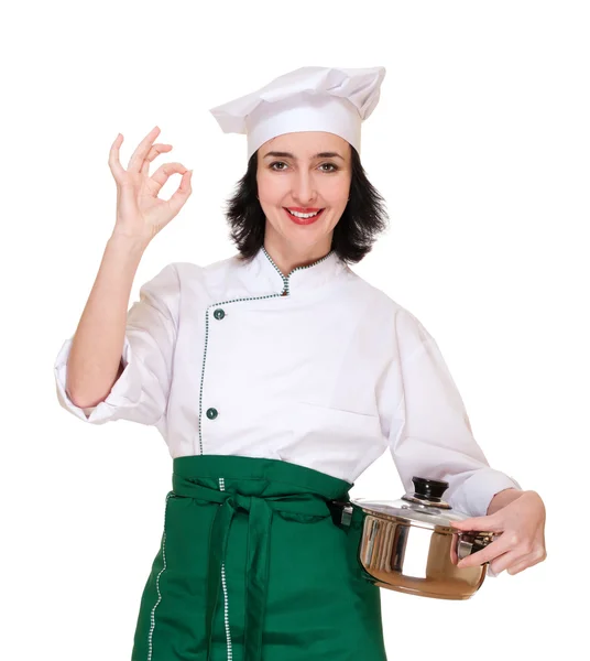 Mujer en uniforme de chef con signo de ok y sartén —  Fotos de Stock