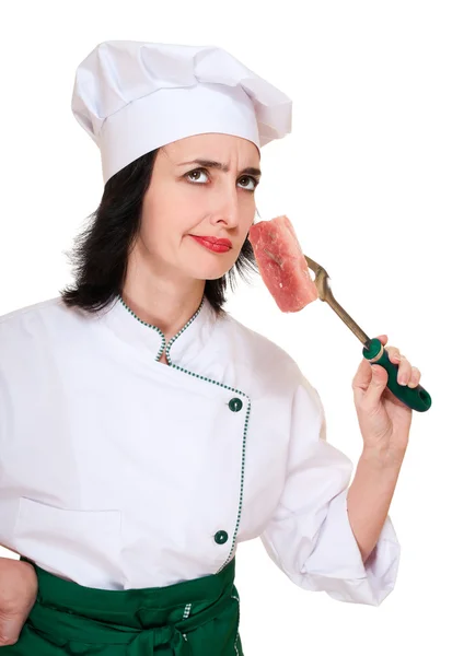 Chef mujer oler rancio carne pedazo —  Fotos de Stock
