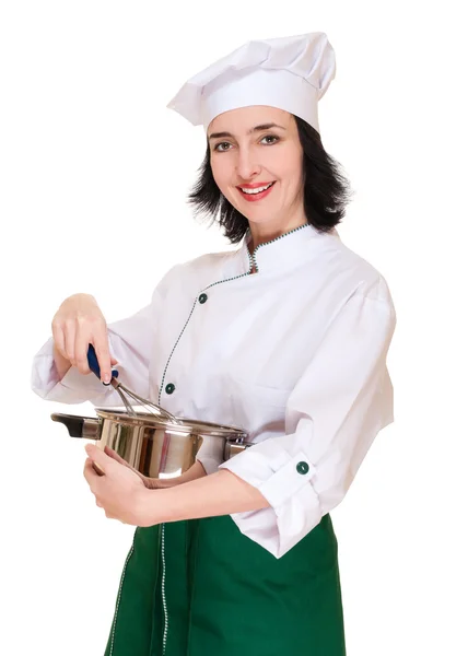 Mooie vrouw chef-kok met keuken gebruiksvoorwerp — Stockfoto