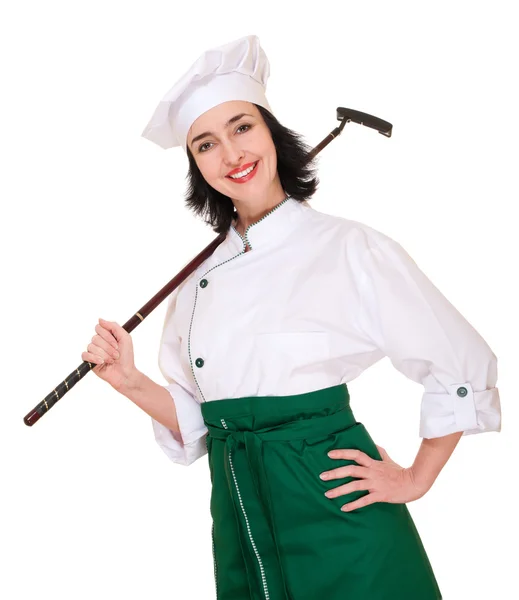 Красивая женщина шеф-повар в форме с клюшкой для гольфа — стоковое фото
