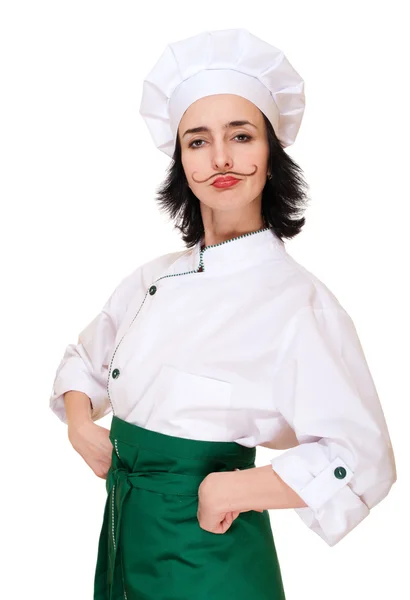 Vrouw in chef's kostuum met geschilderde snorren — Stockfoto
