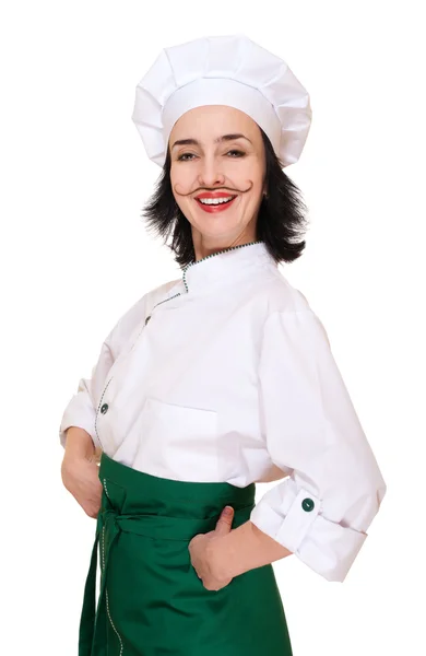 Šťastná žena v kroji šéfkuchaře s malovanými kníry — Stock fotografie