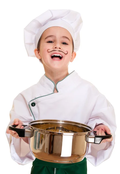 Cookee jongen lachen in kap met pot in handen — Stockfoto