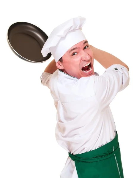 Wütender Chef in Haube droht mit Pfanne — Stockfoto