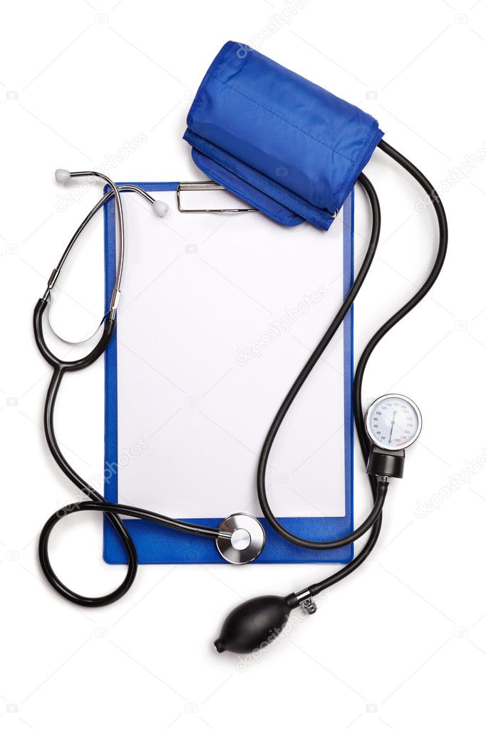 Blank clipboard with stethoscope and tonometer