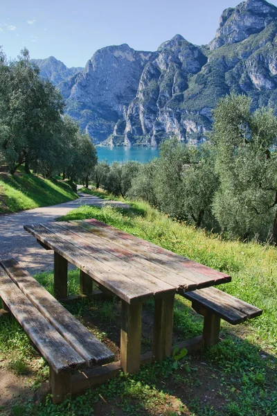 stock image Picnic table with lake view