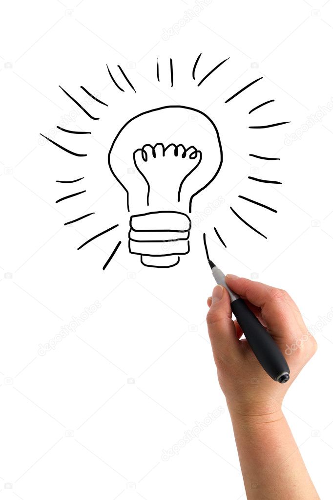 The hand with a pen drawing light bulb