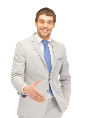 Man with an open hand ready for handshake clipart