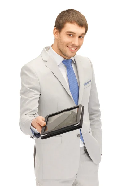 Homem feliz com computador tablet pc — Fotografia de Stock