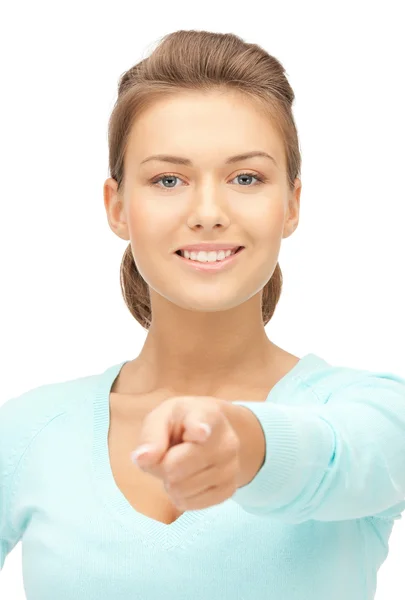 Iş kadını onun parmak işaret — Stok fotoğraf