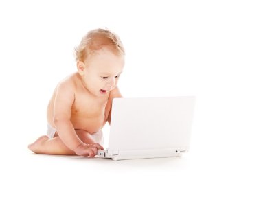 Baby boy with laptop computer clipart