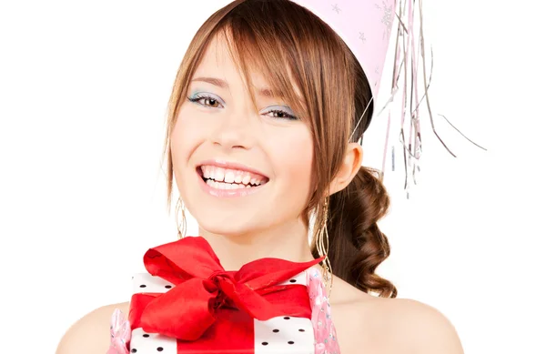 Party girl with gift box — Stock Photo, Image