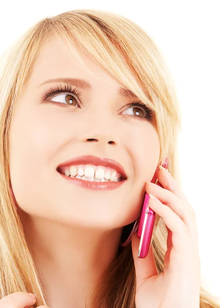 Chica feliz con teléfono rosa —  Fotos de Stock