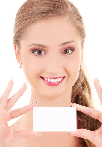 ビジネス カードを使って幸せな女の子 — ストック写真