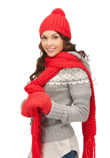 Beautiful woman in hat, muffler and mittens — Stock Photo, Image