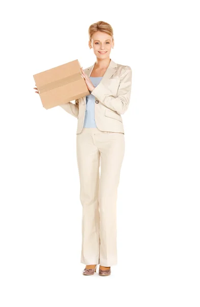 Attractive businesswoman with cardboard box — Stock Photo, Image