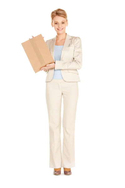 Attractive businesswoman with cardboard box — Stock Photo, Image