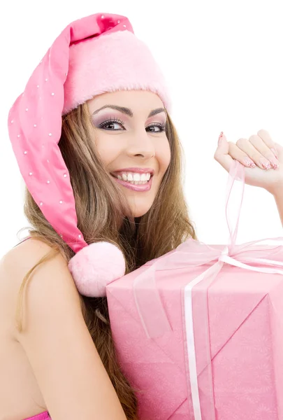 Papai Noel feliz ajudante com caixa de presente — Fotografia de Stock