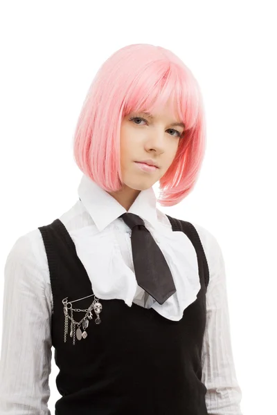 Härlig skolflicka med rosa hår — Stockfoto