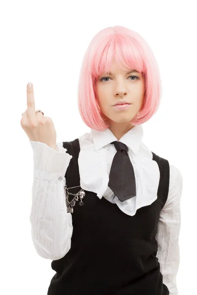 Schoolgirl with pink hair showing middle finger — Stock Photo, Image