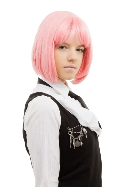 Schöne Schulmädchen mit rosa Haaren — Stockfoto
