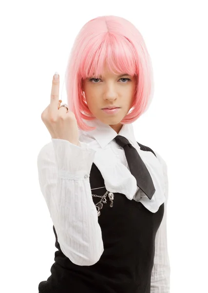 Schoolmeisje met roze haren tonen middelvinger — Stockfoto