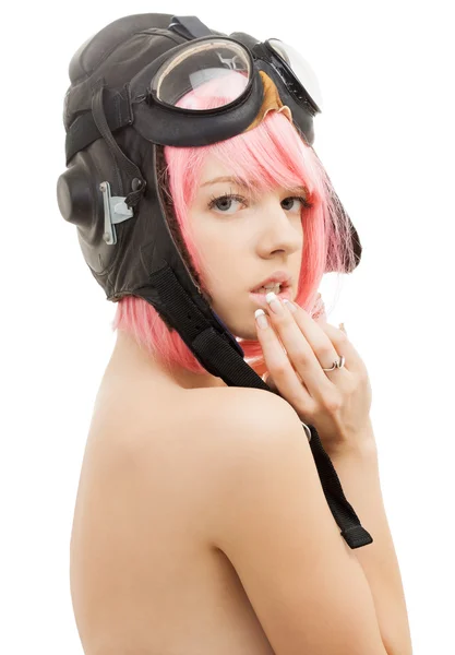 Pink hair girl in aviator helmet — Stock Photo, Image
