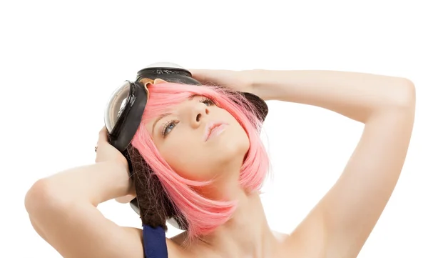 Ροζ μαλλιά κορίτσι στο aviator κράνος — Φωτογραφία Αρχείου