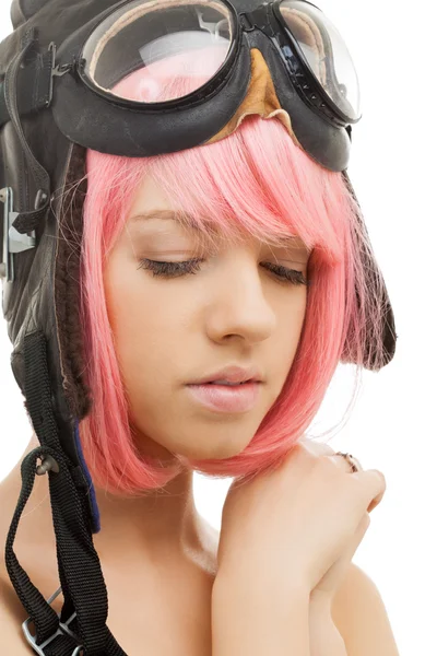 Rosa hår flicka i aviator hjälm — Stockfoto