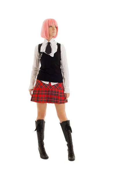 Härlig skolflicka med rosa hår — Stockfoto