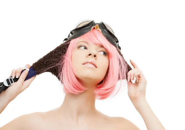 Menina de cabelo rosa no capacete aviador — Fotografia de Stock