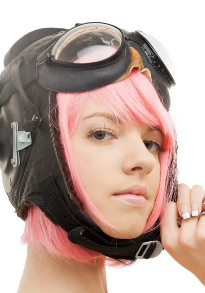 Pink hair meisje in vlieger helm — Stockfoto