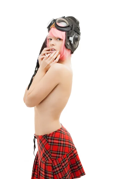 Topless różowowłosa dziewczyna w kasku lotnik — Zdjęcie stockowe