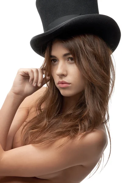 Piękne kobiety topless w top hat — Zdjęcie stockowe
