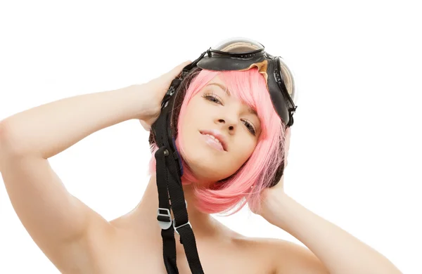 Fille aux cheveux roses dans le casque aviateur — Photo