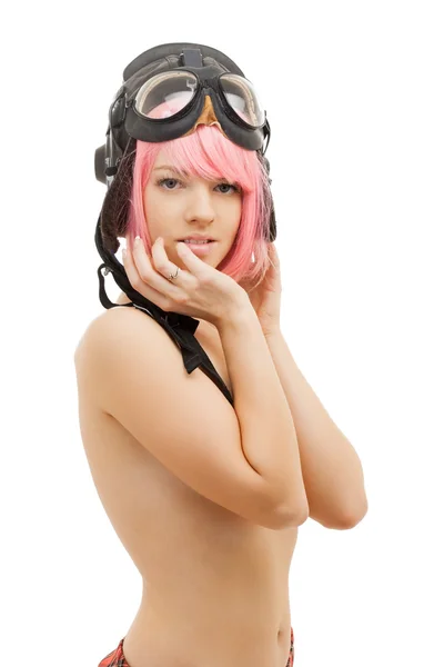 在飞行员头盔的裸照粉色头发女孩 — 图库照片
