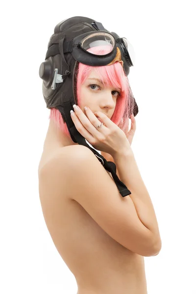 Topless pink hair meisje in vlieger helm — Stockfoto