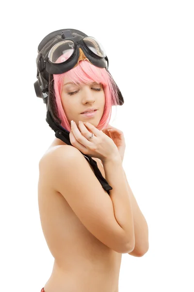Havacı kask içinde üstsüz pembe saçlı kız — Stok fotoğraf