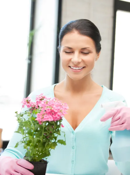 Linda dona de casa com flor — Fotografia de Stock